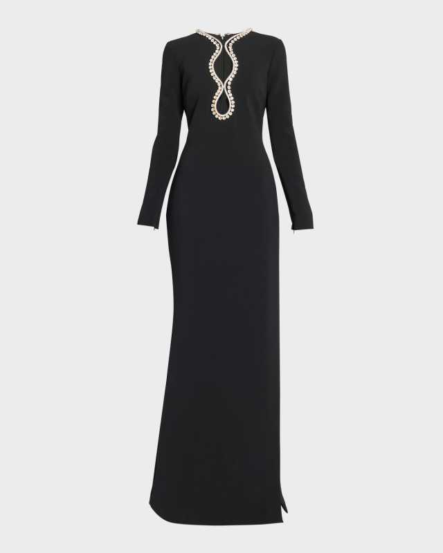 Crystal Long-Sleeve Thigh-Slit Cady Gown